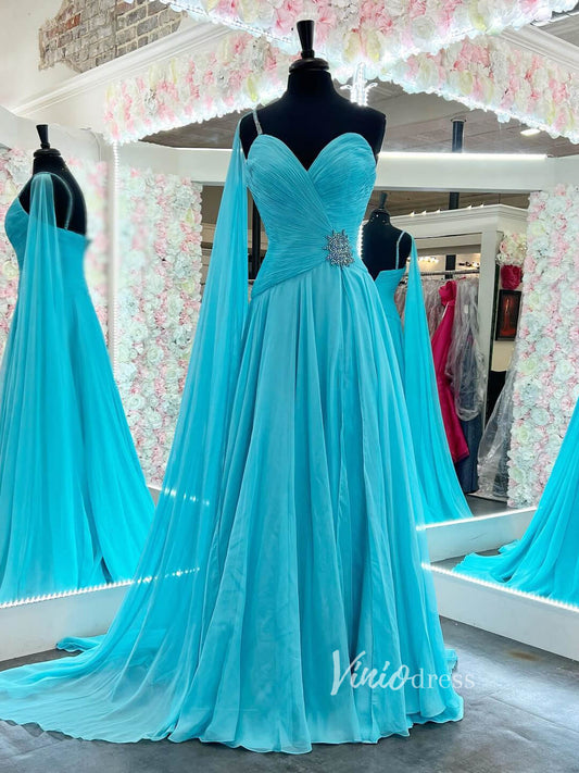 Aqua Blue Watteau Train Chiffon Prom Dresses One Shoulder FD2752-prom dresses 2025 -Viniodress-Aqua-Custom Size-