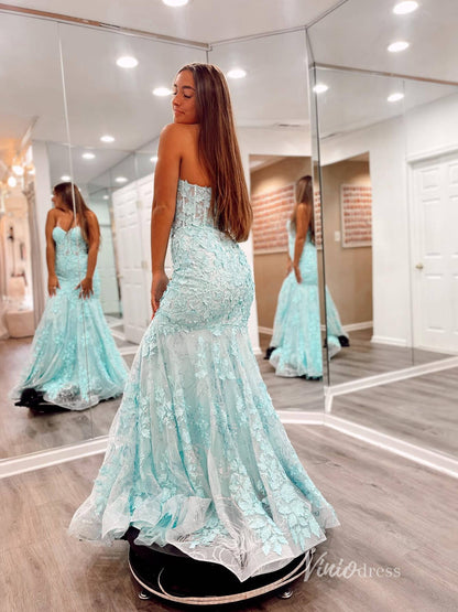 Aqua Lace Applique Mermaid Prom Dresses Strapless Evening Dress FD2684-prom dresses 2025 -Viniodress-Aqua-Custom Size-