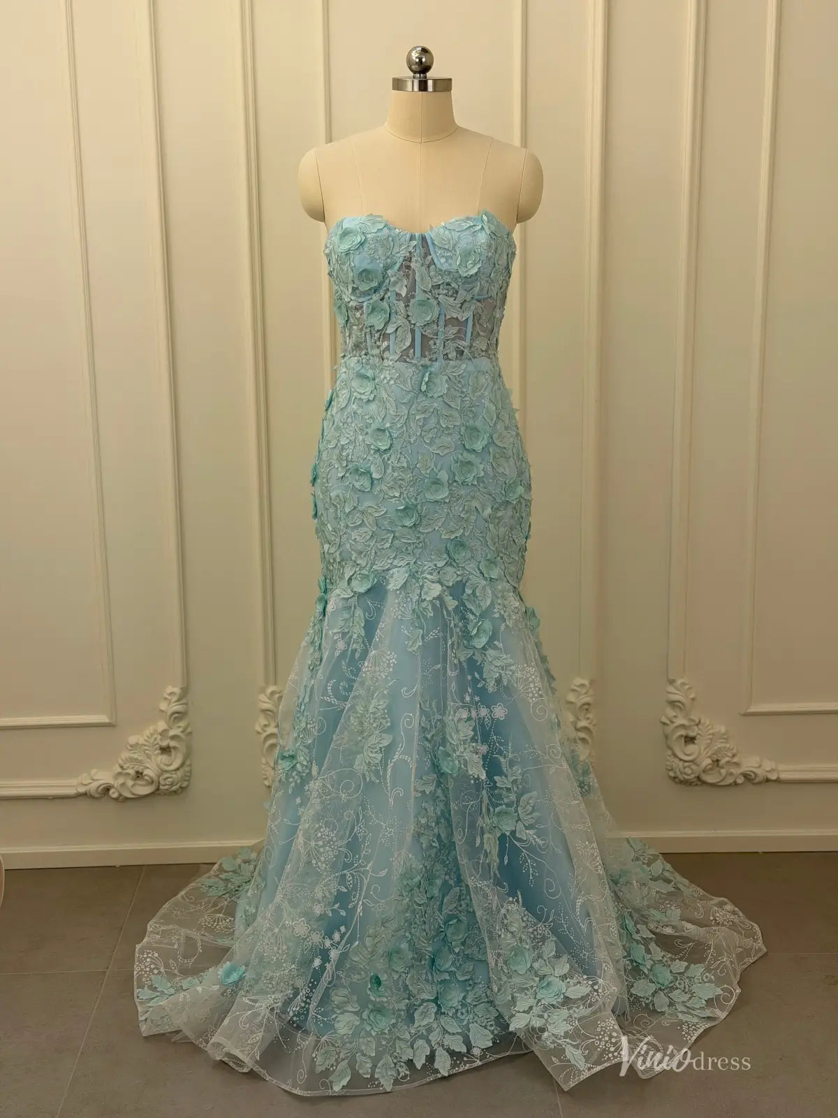 Aqua Lace Applique Mermaid Prom Dresses Strapless Evening Dress FD2684 Viniodress Aqua Lace Applique Mermaid Prom Dresses Strapless Evening Dress FD2684 Viniodress