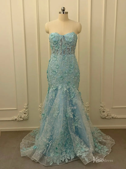 Aqua Lace Applique Mermaid Prom Dresses Strapless Evening Dress FD2684-prom dresses 2026-Viniodress-Pale Aqua-Custom Size – Add Measurements in Cart-