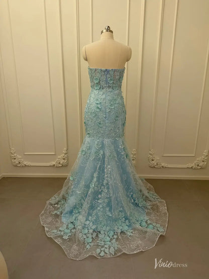 Aqua Lace Applique Mermaid Prom Dresses Strapless Evening Dress FD2684-prom dresses 2026-Viniodress-Pale Aqua-Custom Size – Add Measurements in Cart-