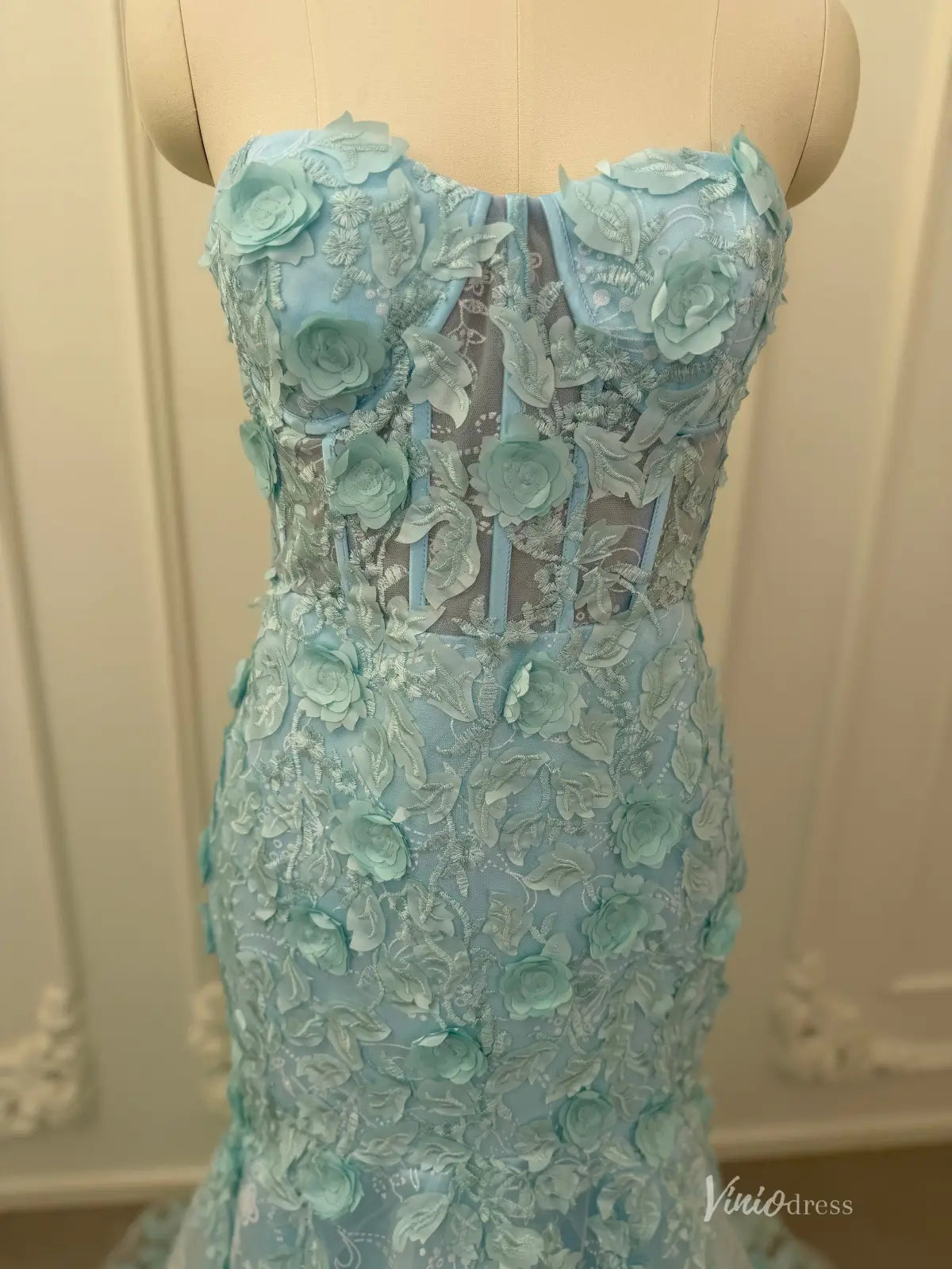 Aqua Lace Applique Mermaid Prom Dresses Strapless Evening Dress FD2684 Viniodress Aqua Lace Applique Mermaid Prom Dresses Strapless Evening Dress FD2684 Viniodress