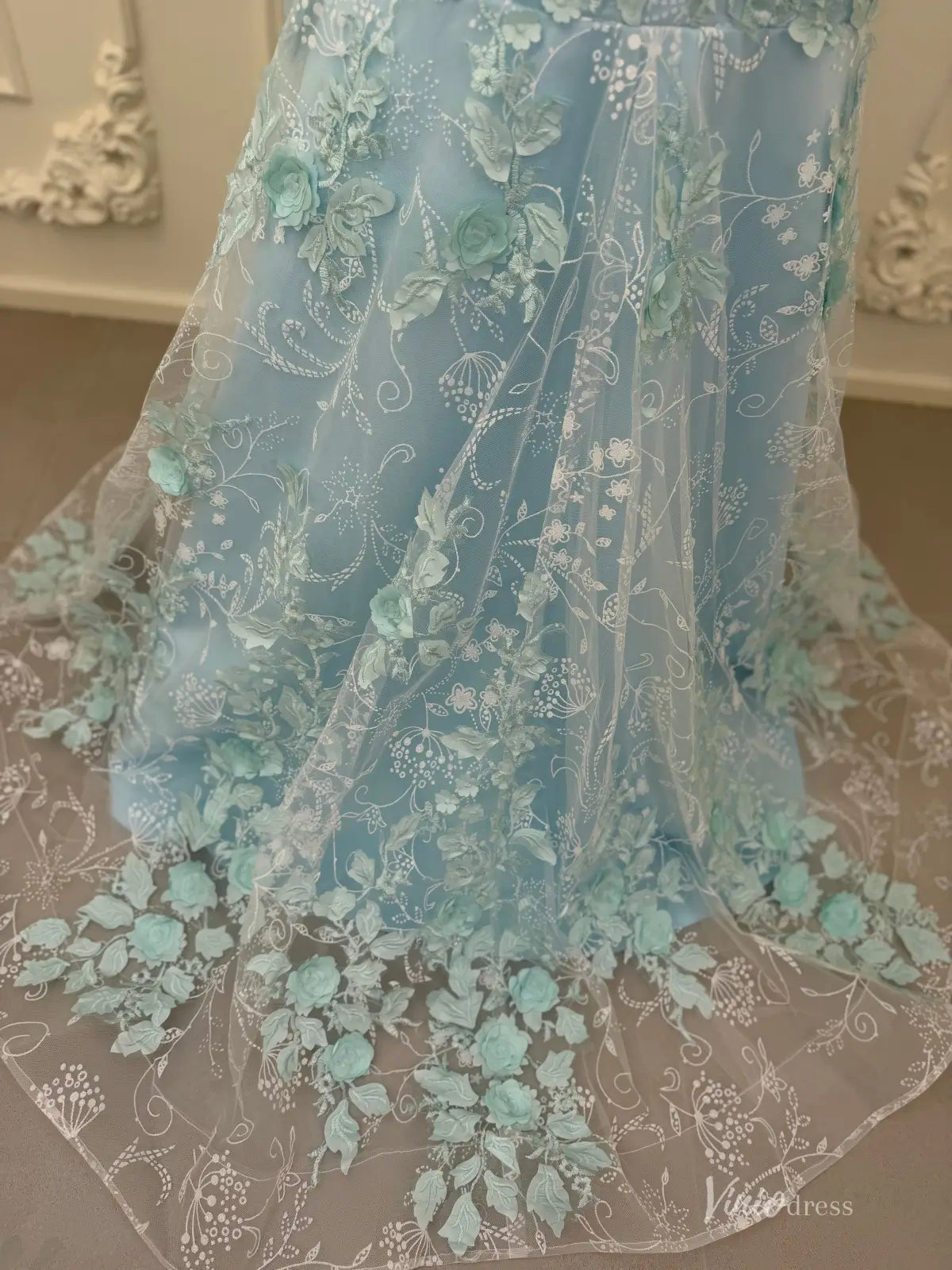 Aqua Lace Applique Mermaid Prom Dresses Strapless Evening Dress FD2684 Viniodress Aqua Lace Applique Mermaid Prom Dresses Strapless Evening Dress FD2684 Viniodress