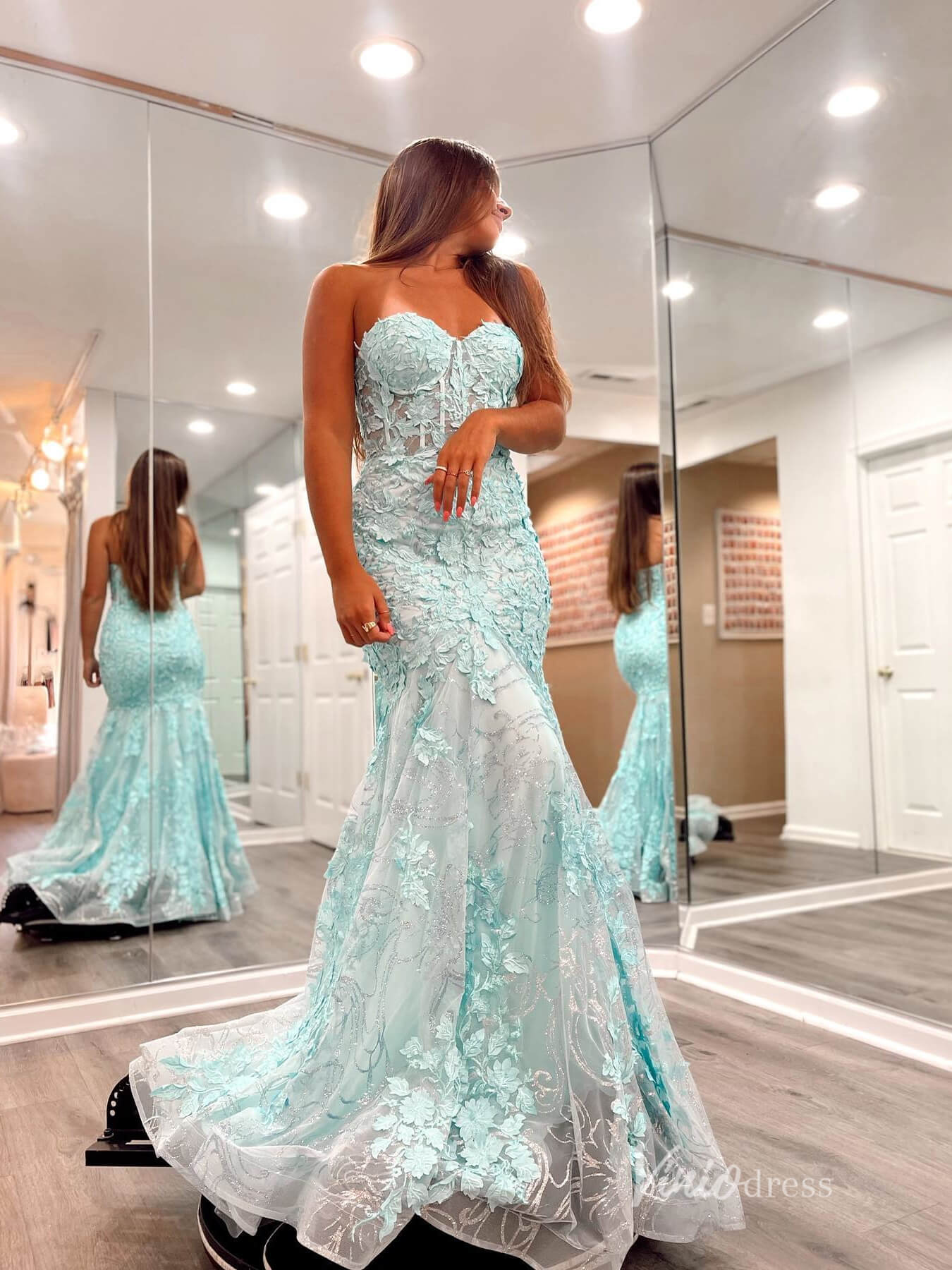 Aqua Lace Applique Mermaid Prom Dresses Strapless Evening Dress FD2684 - Viniodressprom dressesAquaCustom Size - Formal Dresses - Ball Gowns