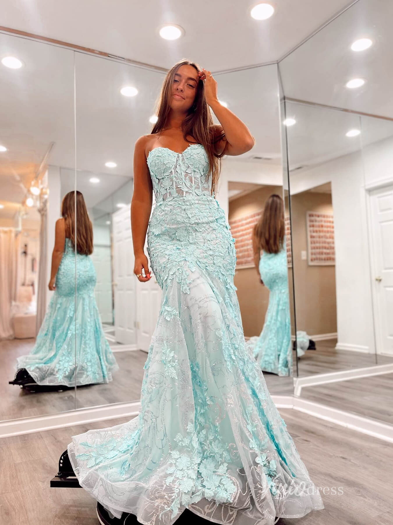 Aqua Lace Applique Mermaid Prom Dresses Strapless Evening Dress FD2684 - Viniodressprom dressesAquaCustom Size - Formal Dresses - Ball Gowns