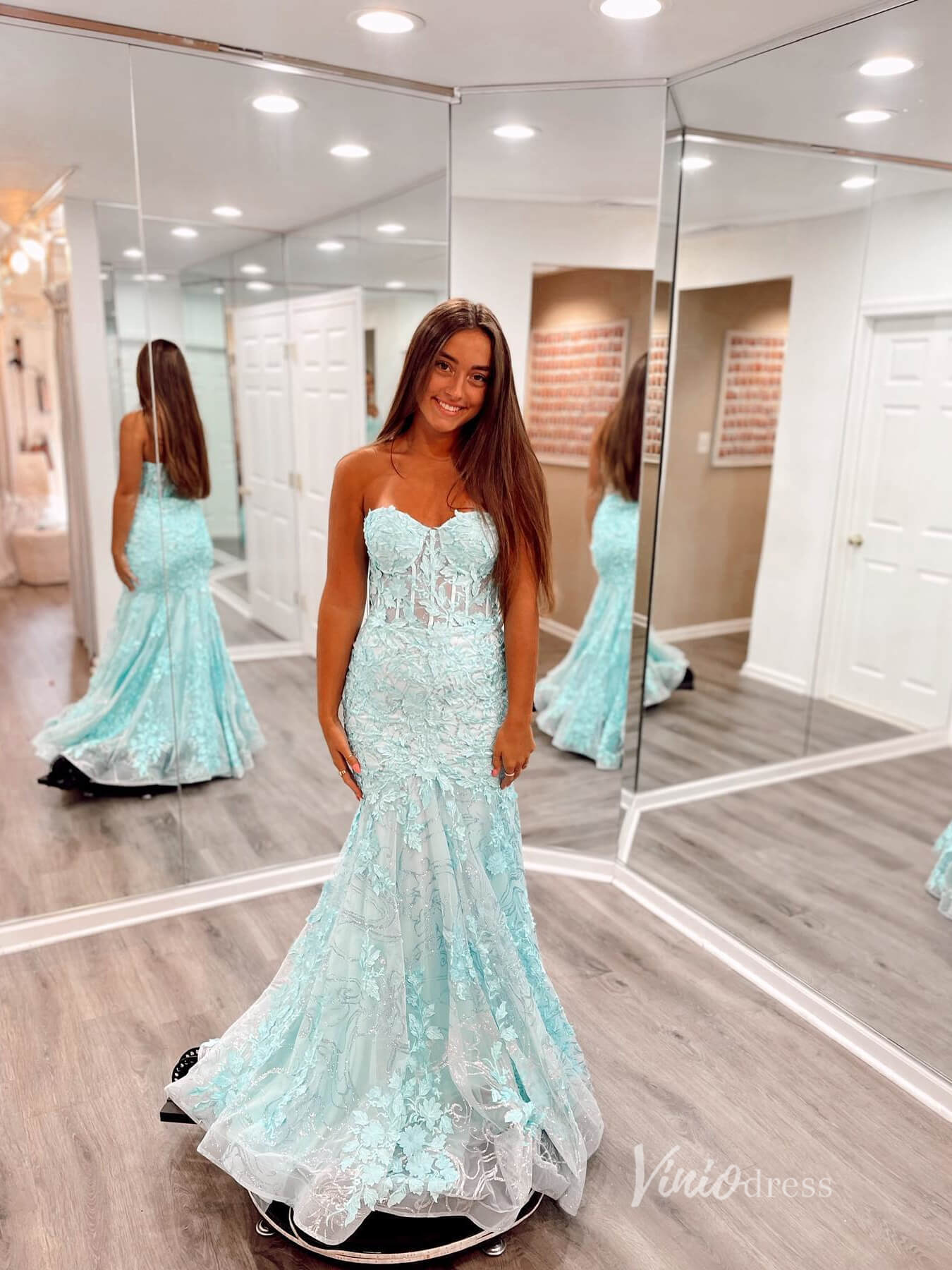 Aqua Lace Applique Mermaid Prom Dresses Strapless Evening Dress FD2684 - Viniodressprom dressesAquaCustom Size - Formal Dresses - Ball Gowns