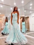 Aqua Lace Applique Mermaid Prom Dresses Strapless Evening Dress FD2684