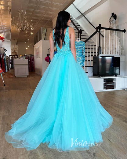 Aqua Lace Applique Prom Dresses V-Neck Formal Gown FD3610-prom dresses 2025 -Viniodress-Aqua-Custom Size-
