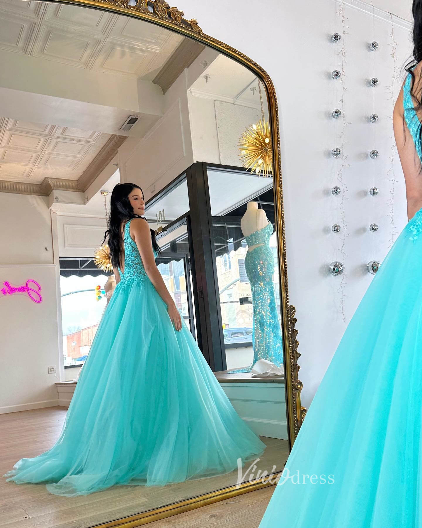 Aqua Lace Applique Prom Dresses V-Neck Formal Gown FD3610-prom dresses 2025 -Viniodress-Aqua-Custom Size-