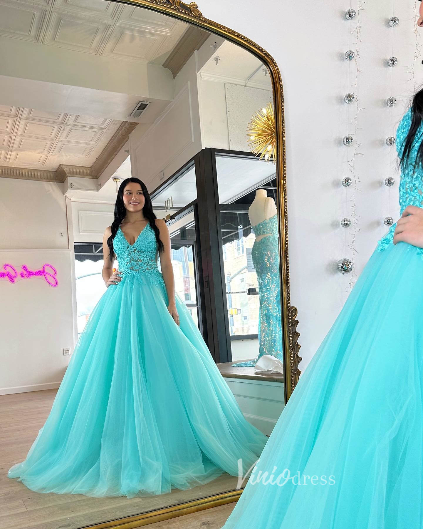 Aqua Lace Applique Prom Dresses V-Neck Formal Gown FD3610-prom dresses 2025 -Viniodress-Aqua-Custom Size-