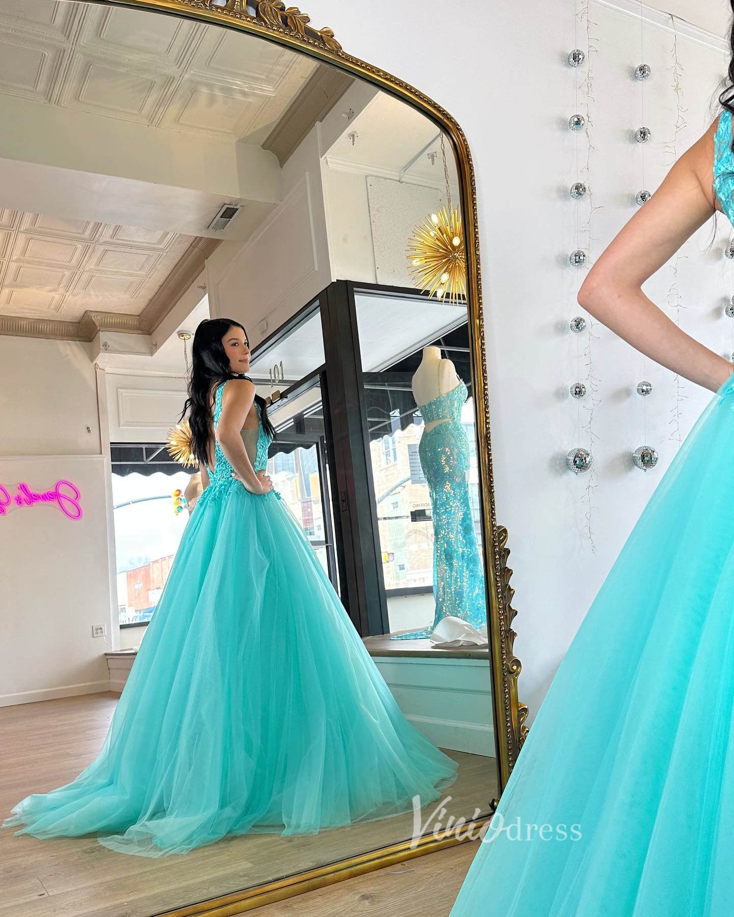Aqua Lace Applique Prom Dresses V-Neck Formal Gown FD3610-prom dresses 2025 -Viniodress-Aqua-Custom Size-