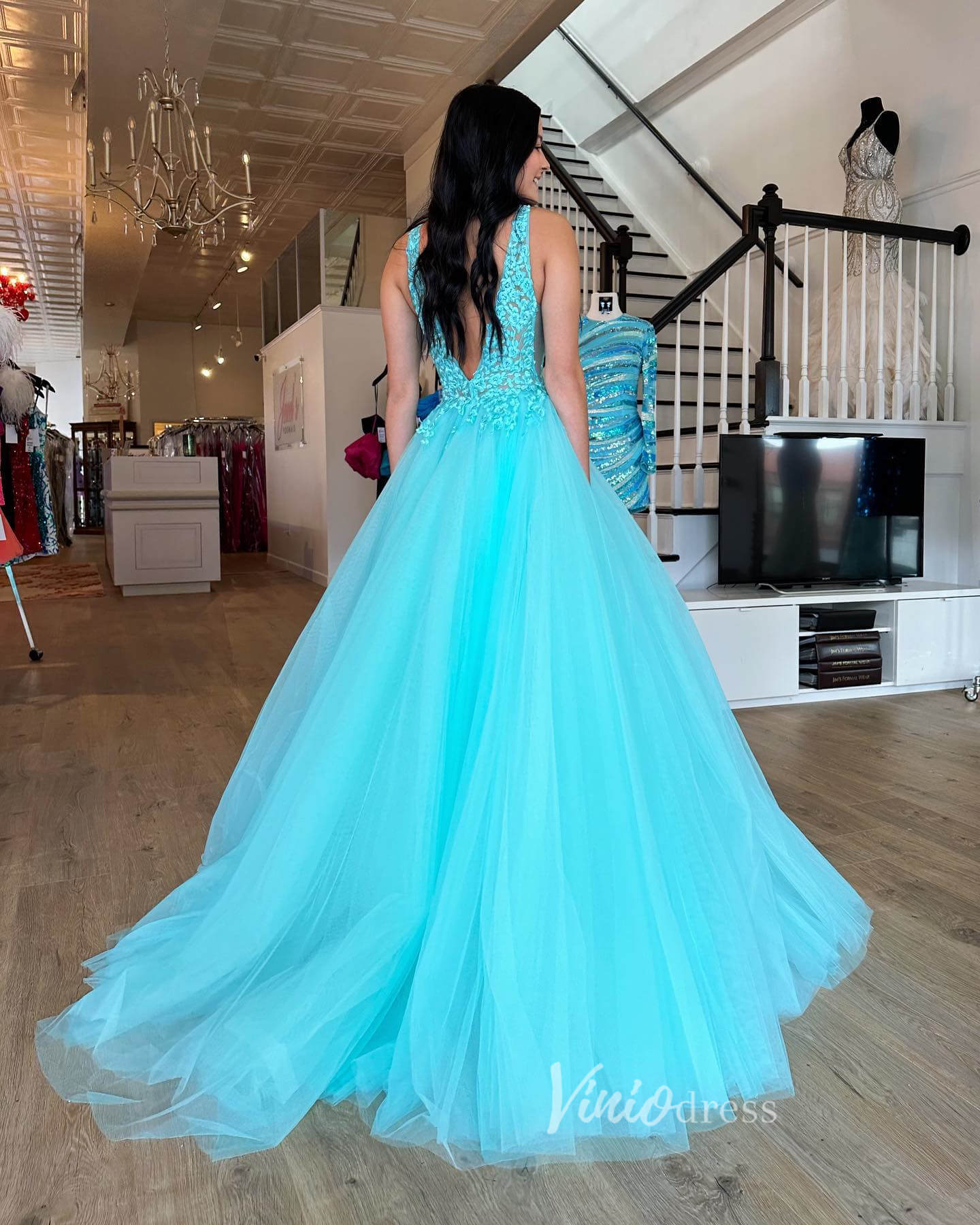 Aqua Lace Applique Prom Dresses V-Neck Formal Gown FD3610 – Viniodress
