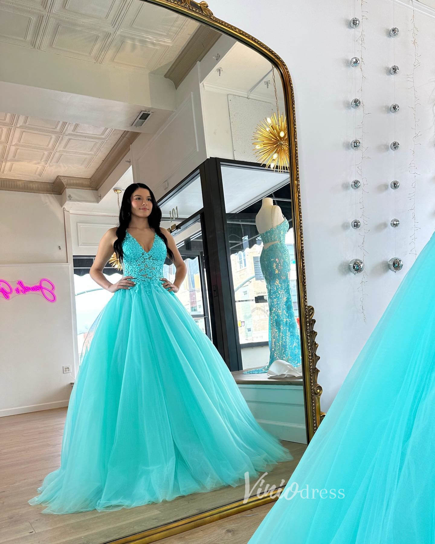 Aqua Lace Applique Prom Dresses V-Neck Formal Gown FD3610 – Viniodress