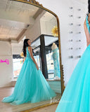 Aqua Lace Applique Prom Dresses V-Neck Formal Gown FD3610-prom dresses-Viniodress-Viniodress