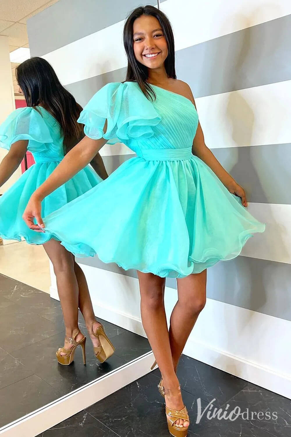 Aqua Organza One Shoulder Homecoming Dresses Pleated Bodice Graduation Dress SD1668-Homecoming Dresses-Viniodress-Aqua-Custom Size-Viniodress