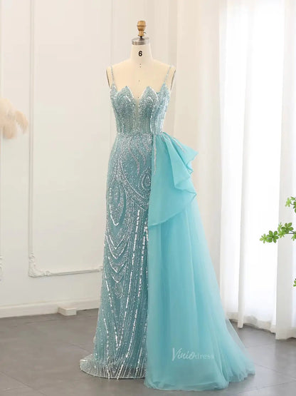 Aqua Overskirt Prom Dresses with Slit Beaded Formal Dresses, Spaghetti Strap BD052-Evening Dresses 2025 -Viniodress-Aqua-US 2-
