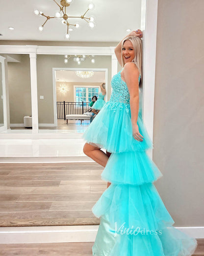 Aqua Ruffle High-Low Prom Dresses Lace Applique Spaghetti Strap Formal Dress FD3631-prom dresses 2025 -Viniodress-Aqua-Custom Size-