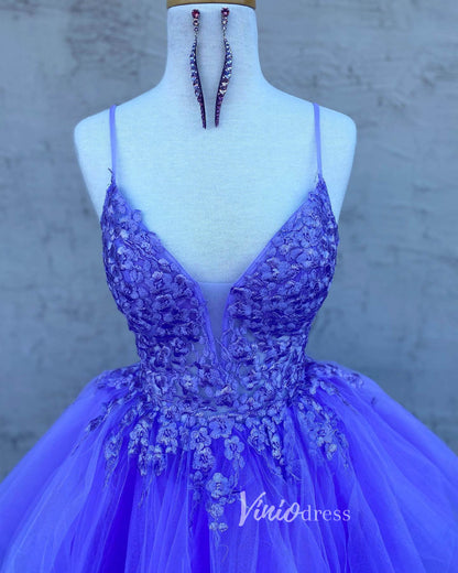 Aqua Ruffle High-Low Prom Dresses Lace Applique Spaghetti Strap Formal Dress FD3631-prom dresses 2025 -Viniodress-Aqua-Custom Size-