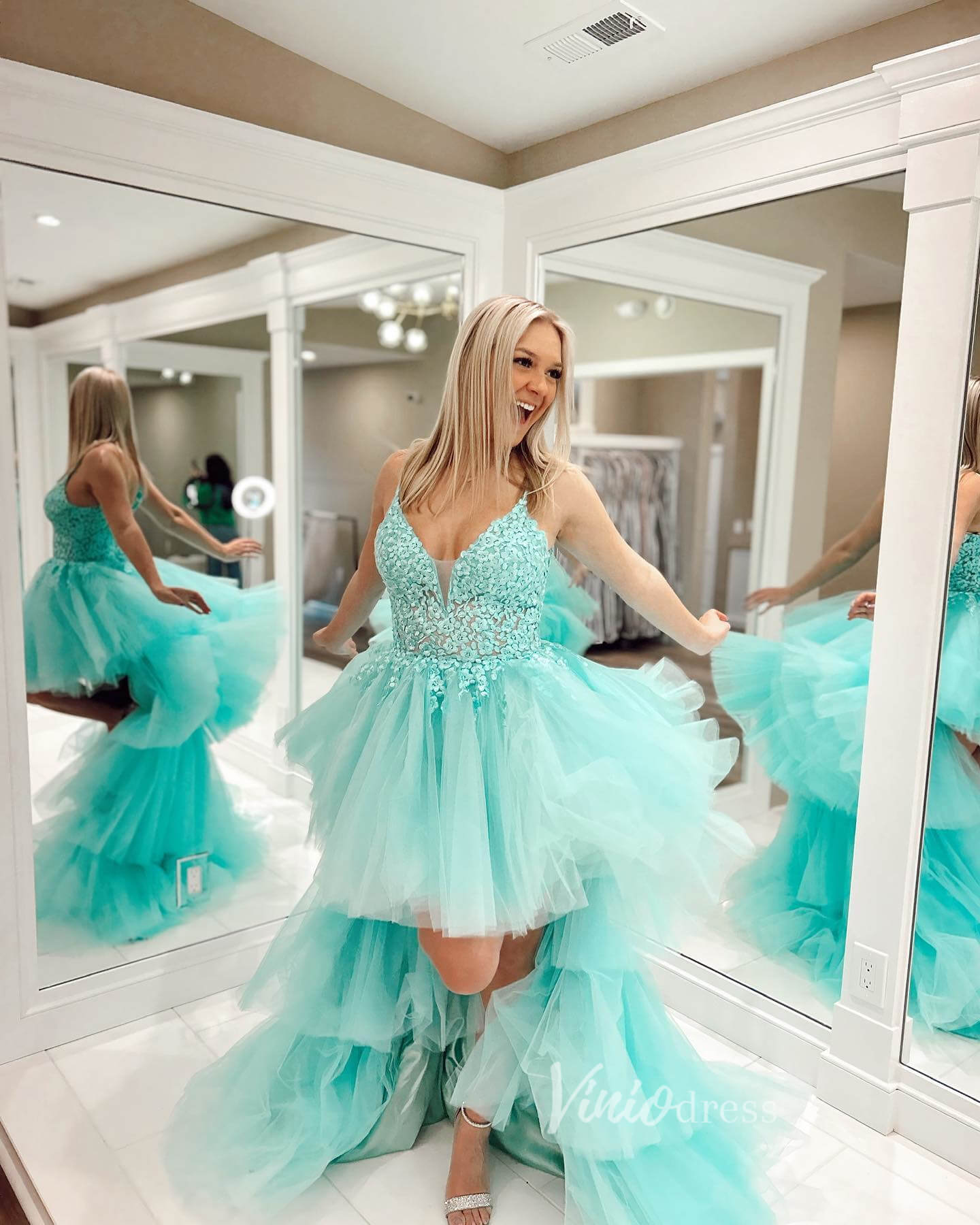 Aqua Ruffle High-Low Prom Dresses Lace Applique Spaghetti Strap Formal Viniodress Aqua Ruffle High-Low Prom Dresses Lace Applique Spaghetti Strap Formal Viniodress