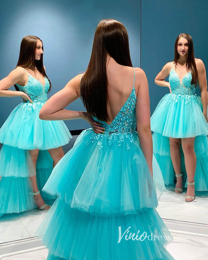 Aqua Ruffle High-Low Prom Dresses Lace Applique Spaghetti Strap Formal Dress FD3631-prom dresses 2025 -Viniodress-Aqua-Custom Size-
