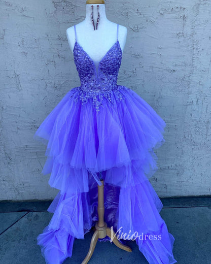 Aqua Ruffle High-Low Prom Dresses Lace Applique Spaghetti Strap Formal Dress FD3631-prom dresses 2025 -Viniodress-Lavender-Custom Size-