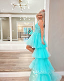 Aqua Ruffle High-Low Prom Dresses Lace Applique Spaghetti Strap Formal Dress FD3631-prom dresses-Viniodress-Viniodress