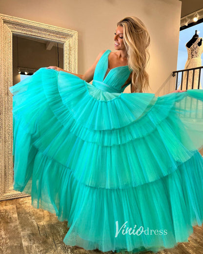 Aqua Ruffled Tulle Prom Dresses Plunging V-Neck Formal Gown FD3252-prom dresses 2025 -Viniodress-Aqua-Custom Size-