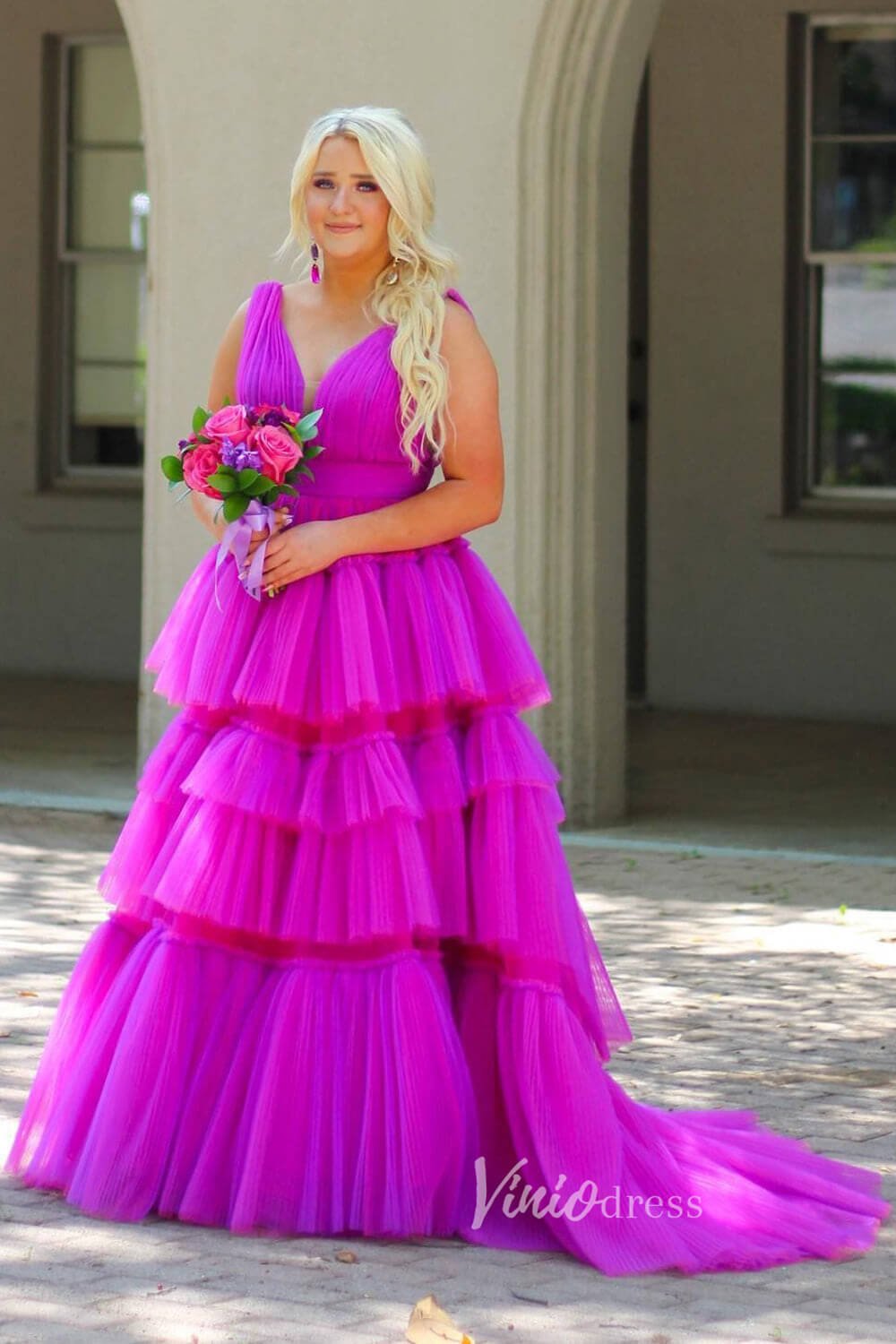 Aqua Ruffled Tulle Prom Dresses Plunging V-Neck Formal Gown FD3252-prom dresses 2025 -Viniodress-Magenta-Custom Size-