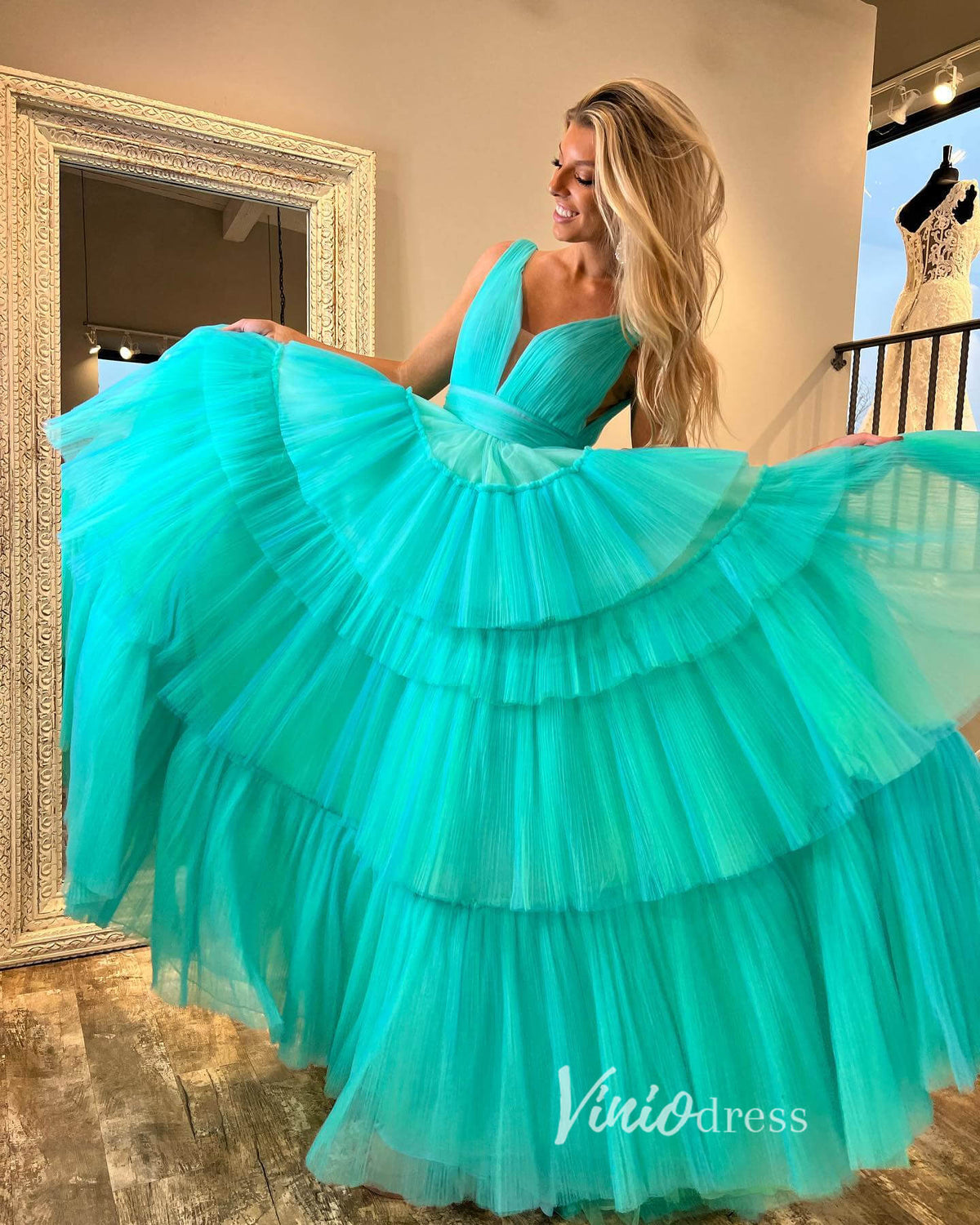 Prom Dress 2025 Aqua Ruffled Tulle Prom Dresses Plunging V-Neck Formal Gown FD3252-unique prom dresses-Aqua-Custom Size-Viniodress