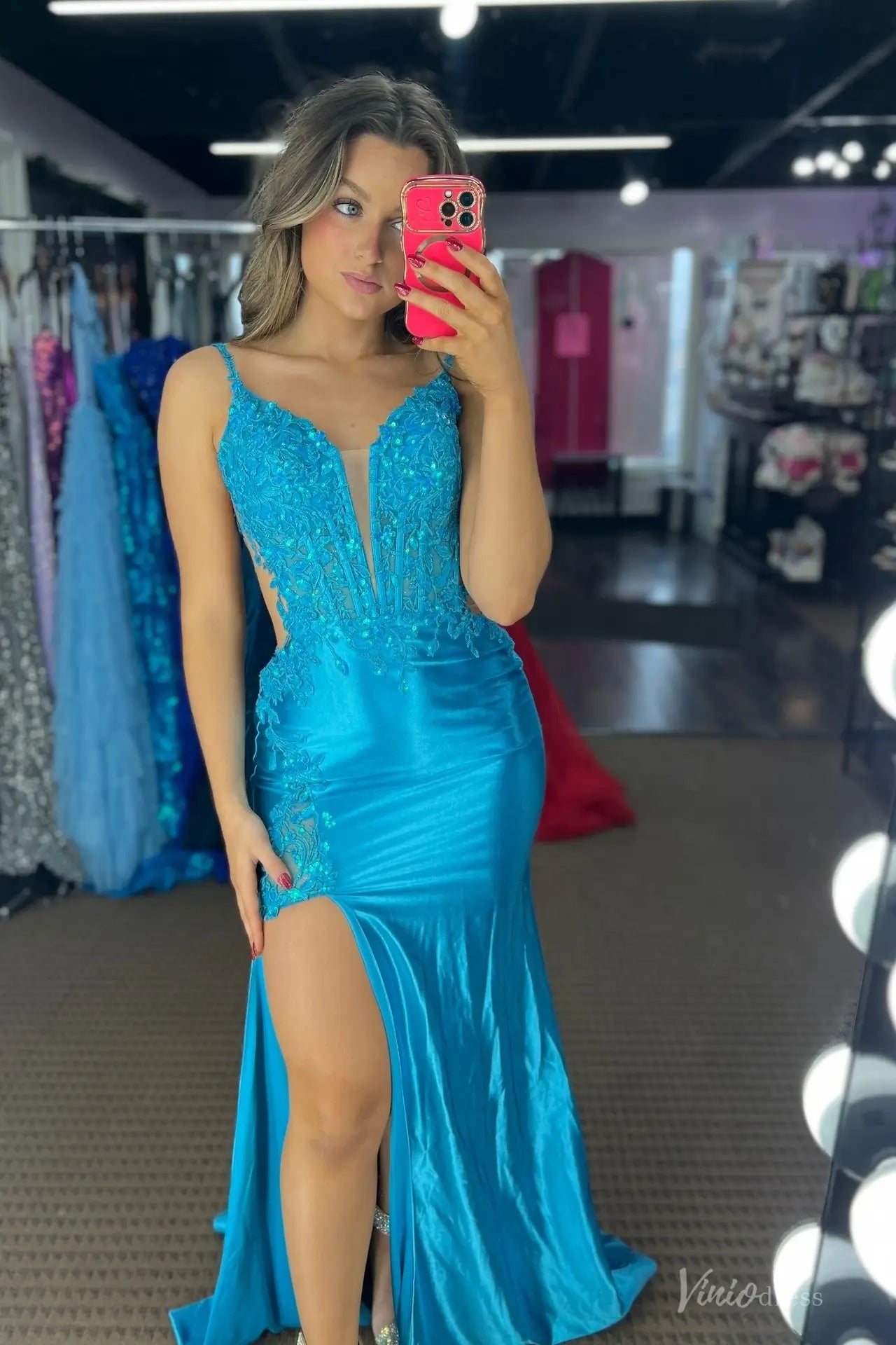 Aqua Satin Mermaid Prom Dress with Lace Corset Bodice, Lace-Up Back & High Slit – SS296-prom dresses 2026-Viniodress-Aqua-Custom Size-
