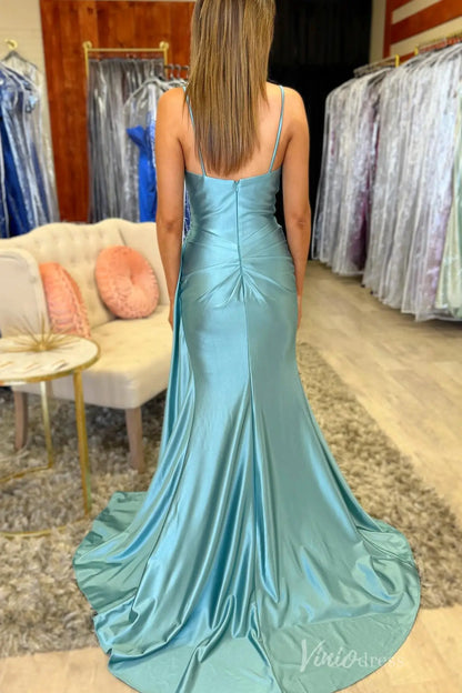 Aqua Satin Mermaid Prom Dress with Spaghetti Strap, Sweetheart Neckline, Draped Skirt, High Slit – SS086-Homecoming Dresses 2025 -Viniodress-Aqua-Custom Size-