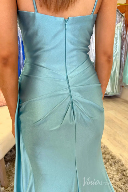 Aqua Satin Mermaid Prom Dress with Spaghetti Strap, Sweetheart Neckline, Draped Skirt, High Slit – SS086-Homecoming Dresses 2025 -Viniodress-Aqua-Custom Size-
