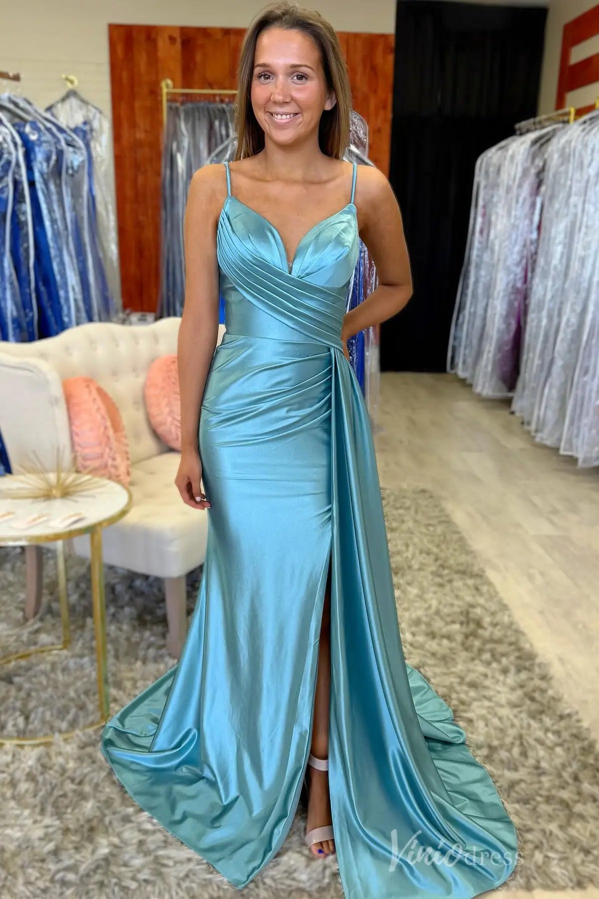 Aqua Satin Mermaid Prom Dress with Spaghetti Strap, Sweetheart Neckline, Draped Skirt, High Slit – SS086-Homecoming Dresses 2025 -Viniodress-Aqua-Custom Size-