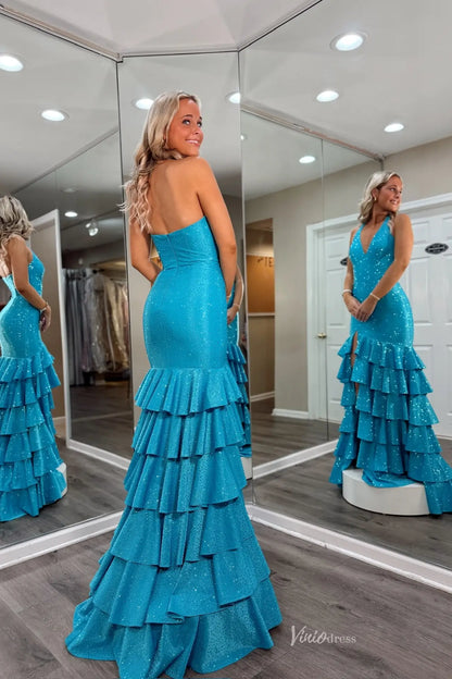 Aqua Sparkly Halter Mermaid Prom Dress with Tiered Ruffle Hem & High Slit – RF168-prom dresses 2026-Viniodress-Aqua-Custom Size-