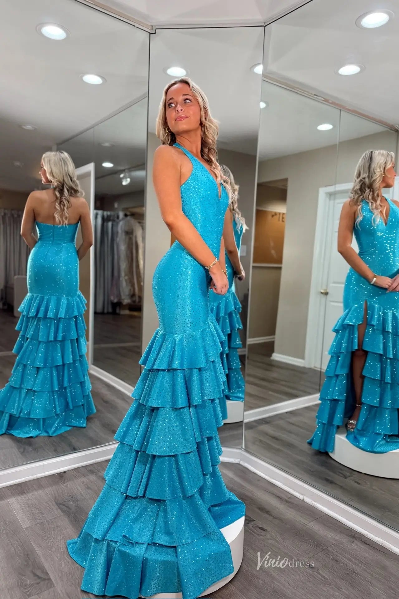 Aqua Sparkly Halter Mermaid Prom Dress with Tiered Ruffle Hem & High Slit – RF168-prom dresses 2026-Viniodress-Aqua-Custom Size-