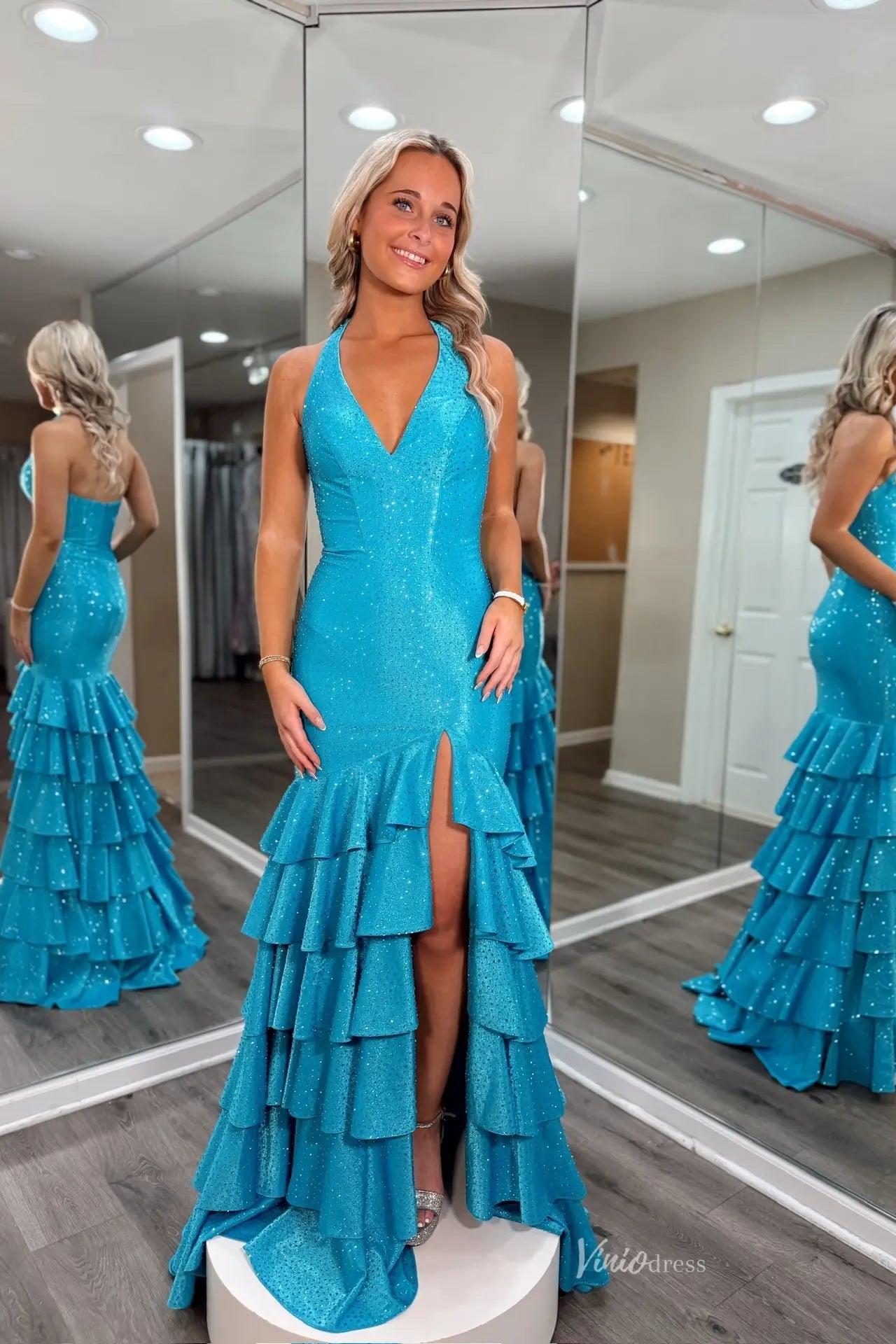 Aqua Sparkly Halter Mermaid Prom Dress with Tiered Ruffle Hem & High Slit – RF168-prom dresses 2026-Viniodress-Aqua-Custom Size-