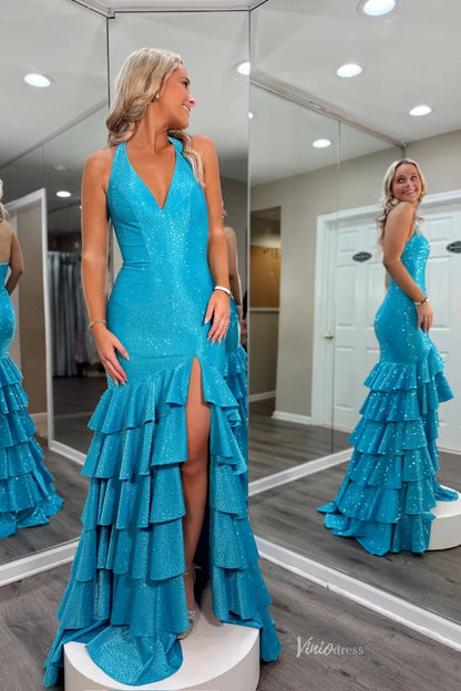 Aqua Sparkly Halter Mermaid Prom Dress with Tiered Ruffle Hem & High Slit – RF168-prom dresses 2026-Viniodress-Aqua-Custom Size-