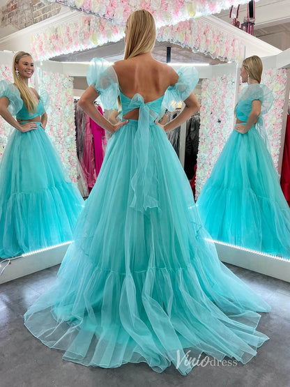 Aqua Two Piece Tulle Prom Dresses Crossed Pleated Bodice Puffed Sleeve FD4036-prom dresses 2025 -Viniodress-Aqua-Custom Size-
