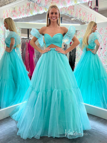 Aqua Two Piece Tulle Prom Dresses Crossed Pleated Bodice Puffed Sleeve FD4036-prom dresses 2025 -Viniodress-Aqua-Custom Size-