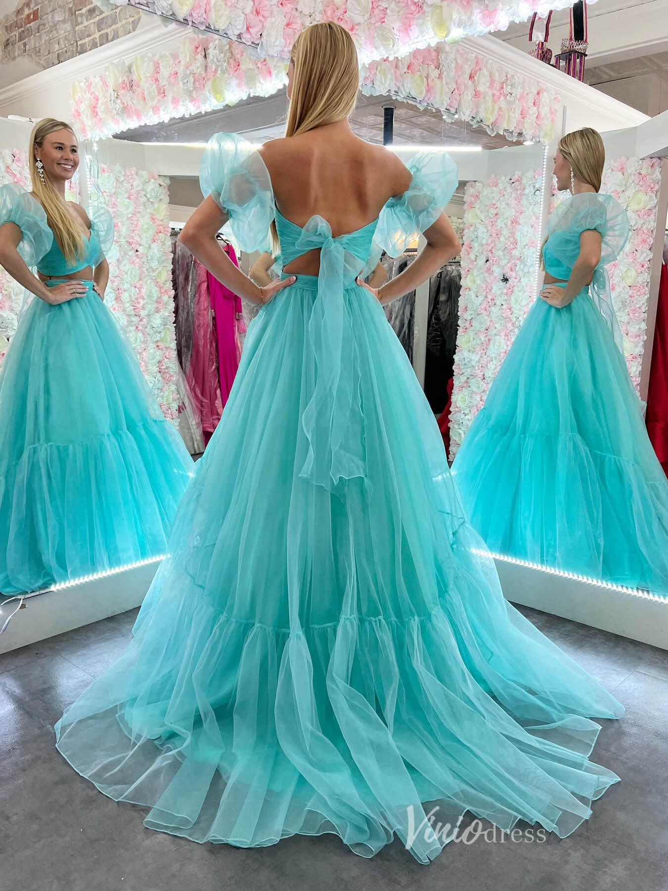 Aqua Two Piece Tulle Prom Dresses Crossed Pleated Bodice Puffed Sleeve Viniodress Aqua Two Piece Tulle Prom Dresses Crossed Pleated Bodice Puffed Sleeve Viniodress