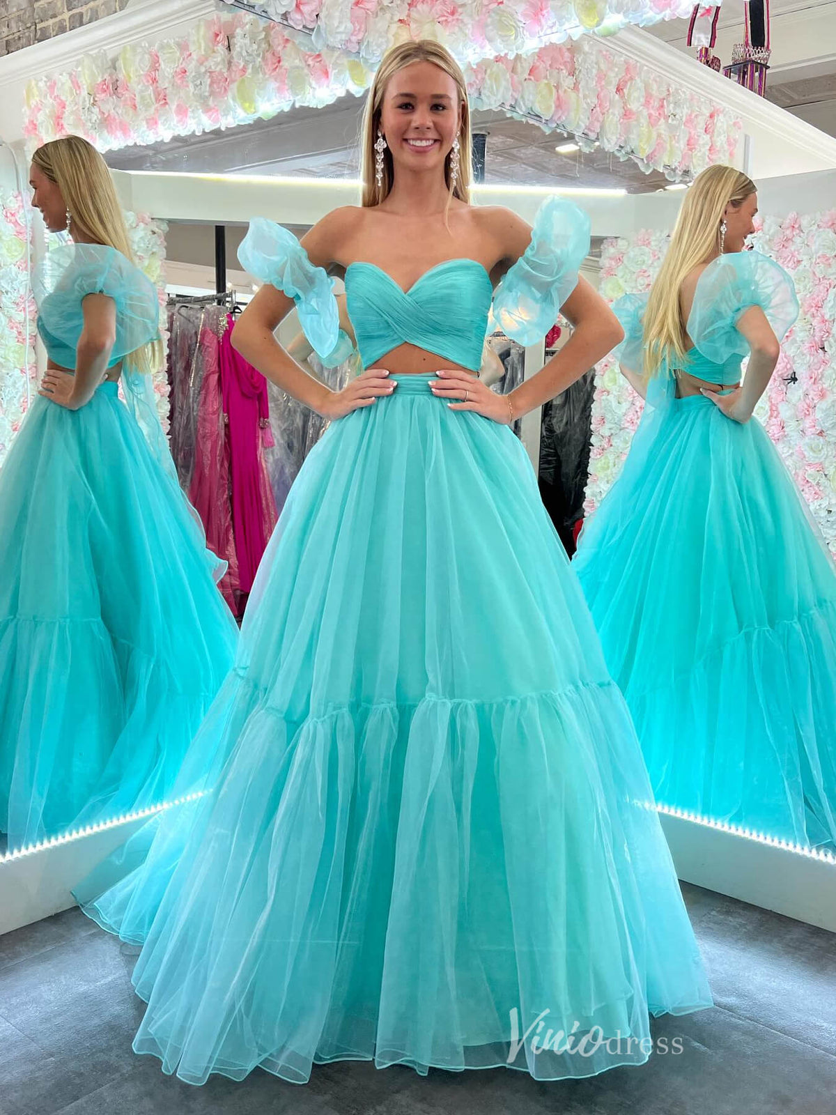 Aqua Two Piece Tulle Prom Dresses Crossed Pleated Bodice Puffed Sleeve FD4036-prom dresses-Viniodress-Aqua-Custom Size-Viniodress