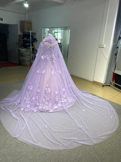 Baby Blue Flower Quince Dresses Princess Ball Gown with Cape 67458-Quinceanera Dresses 2025 -Viniodress-Baby Blue-Custom Size-No Cape