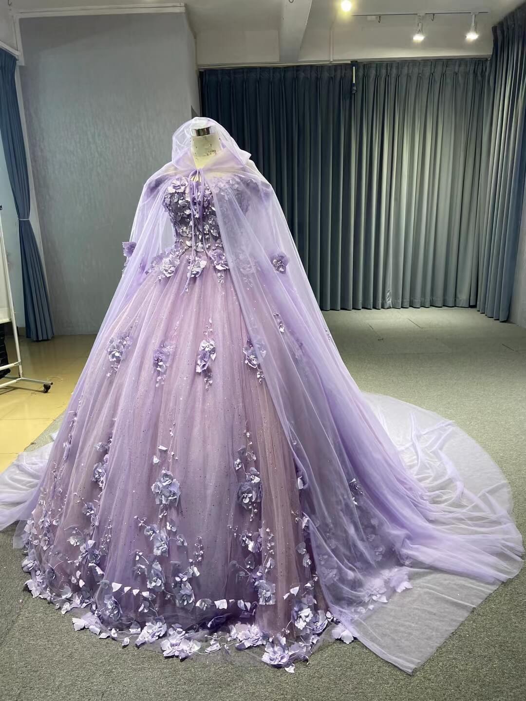 Baby Blue Flower Quince Dresses Princess Ball Gown with Cape 67458-Quinceanera Dresses 2025 -Viniodress-Baby Blue-Custom Size-No Cape