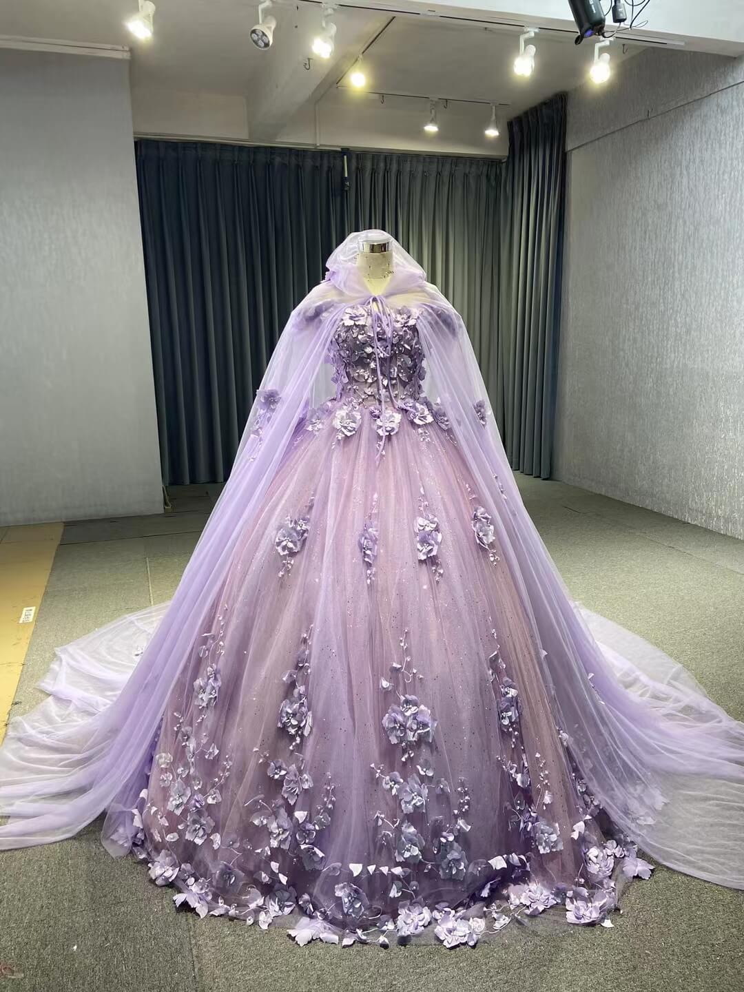 Baby Blue Flower Quince Dresses Princess Ball Gown with Cape 67458-Quinceanera Dresses 2025 -Viniodress-Mauve-Custom Size-No Cape