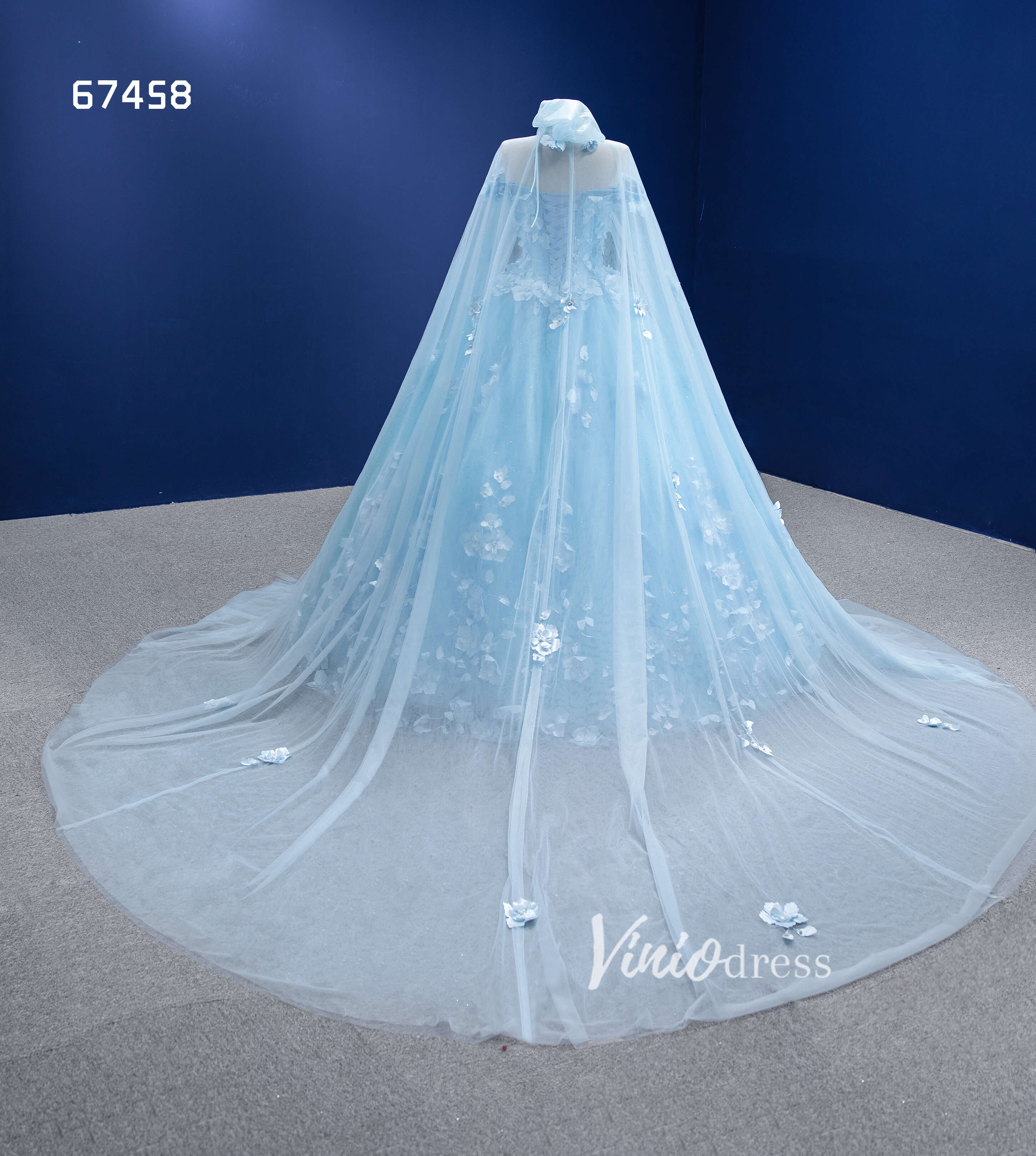 Baby Blue Flower Quince Dresses Princess Ball Gown with Cape 67458-Quinceanera Dresses-Viniodress-Viniodress