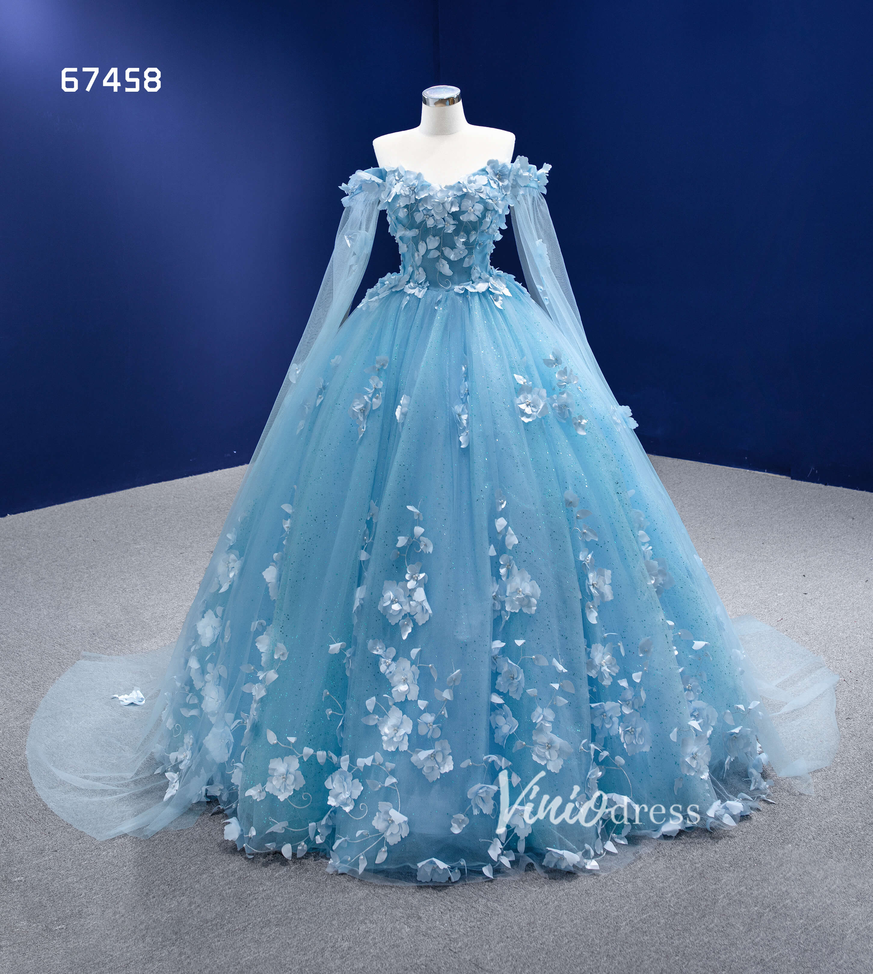 Baby Blue Flower Quince Dresses Princess Ball Gown with Cape 67458-Quinceanera Dresses-Viniodress-Viniodress