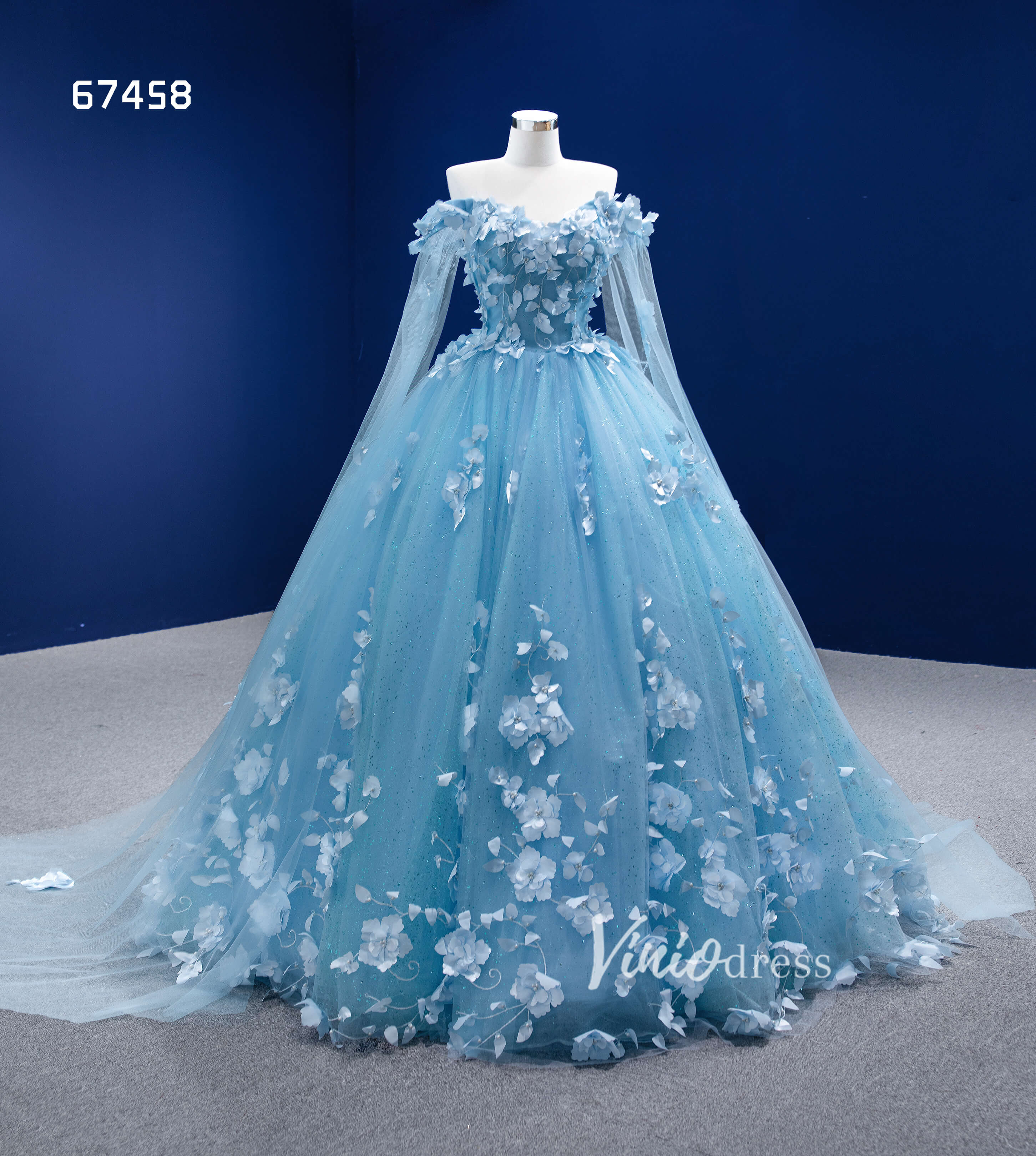 Baby Blue Flower Quince Dresses Princess Ball Gown with Cape 67458-Quinceanera Dresses-Viniodress-Viniodress