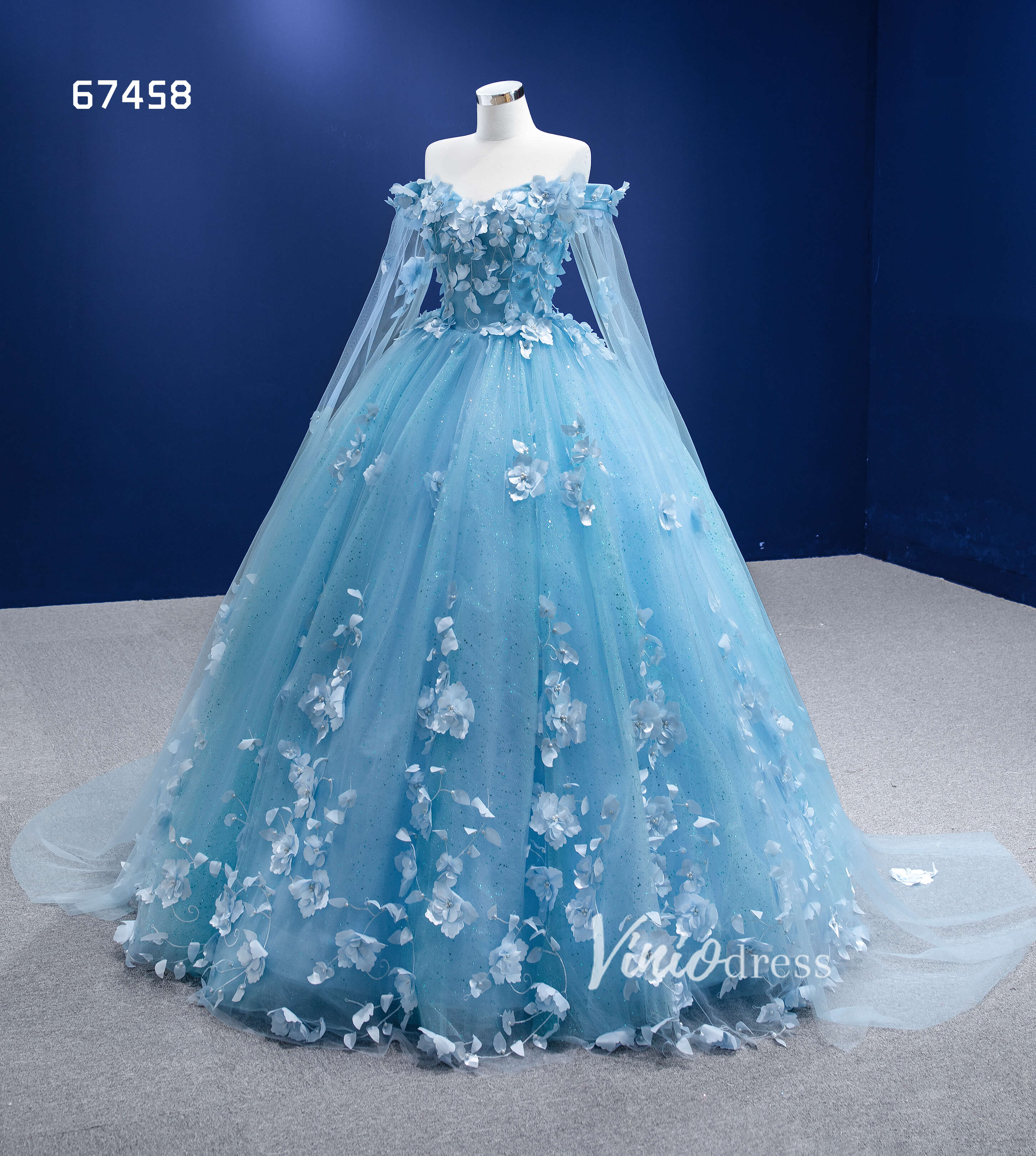 Baby Blue Flower Quince Dresses Princess Ball Gown with Cape 67458-Quinceanera Dresses-Viniodress-Viniodress