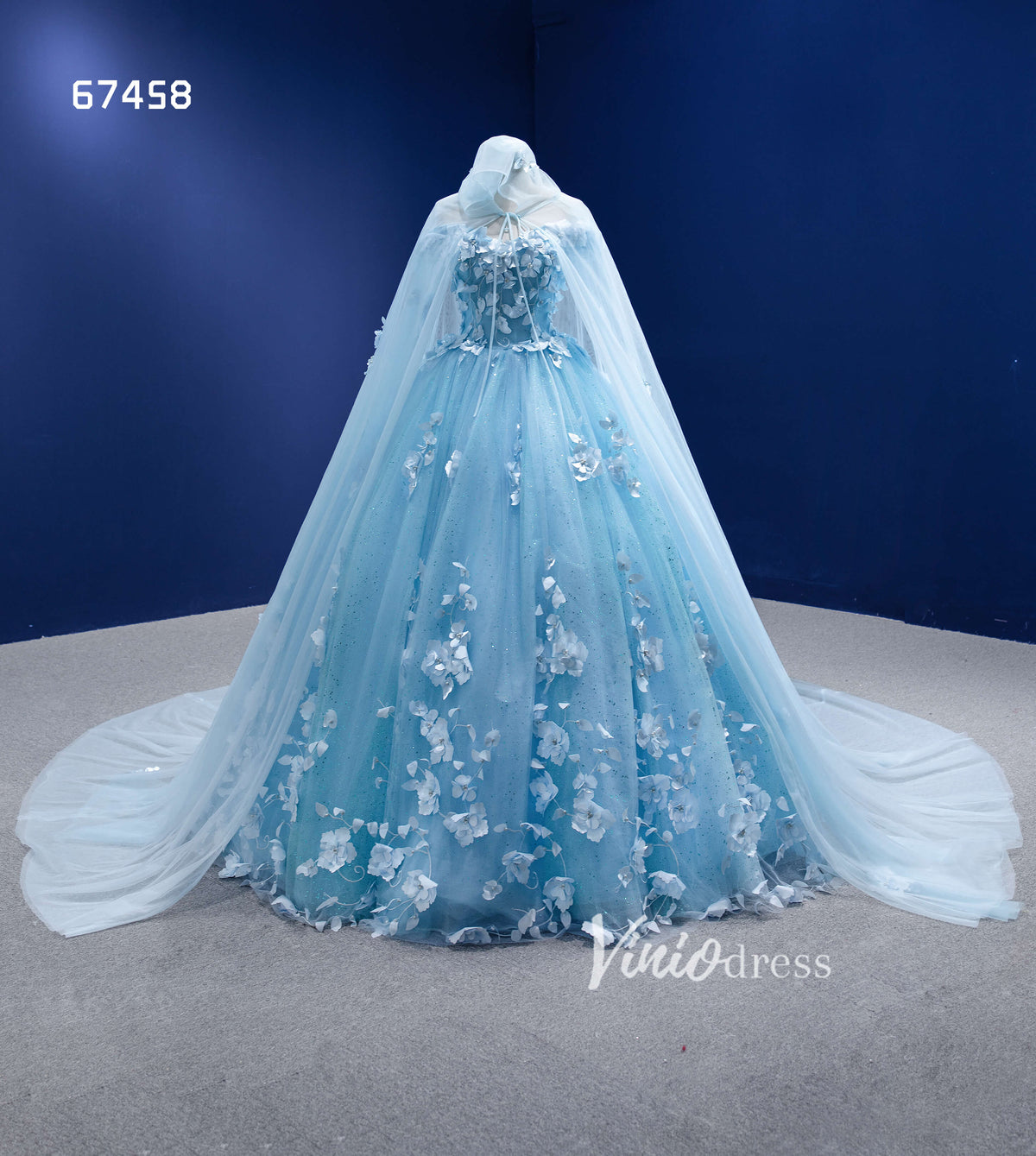 Baby Blue Flower Quince Dresses Princess Ball Gown with Cape 67458-Quinceanera Dresses-Viniodress-Baby Blue-Custom Size-No Cape-Viniodress