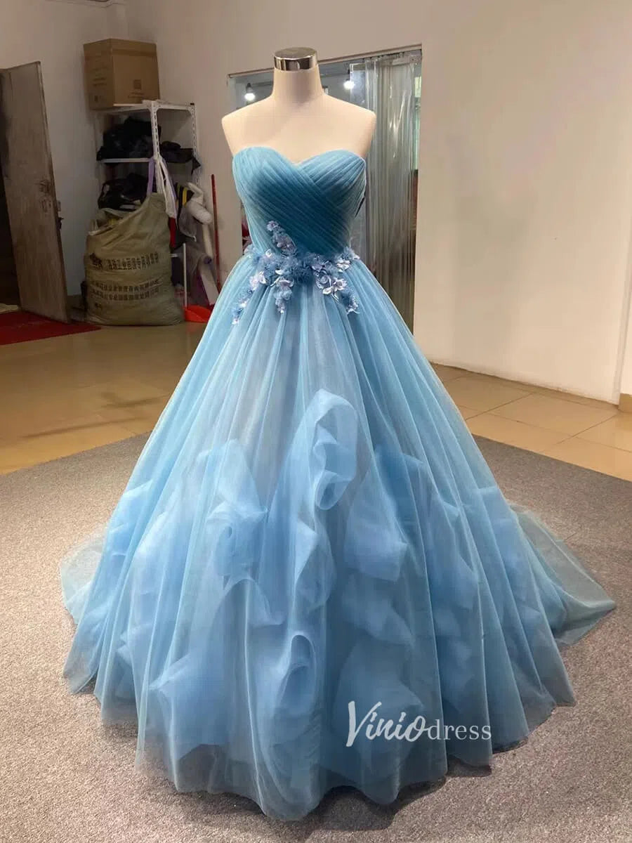 Baby Blue Strapless Ruffle Prom Dresses Quinceanera Dress 66290 viniodress-prom dresses-Viniodress-Baby Blue-Custom Size-Viniodress